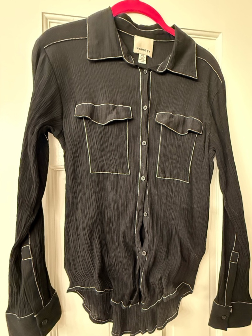 Urban Outfitters Black Crinkled Button-Up Blouse with Contrast Stitching